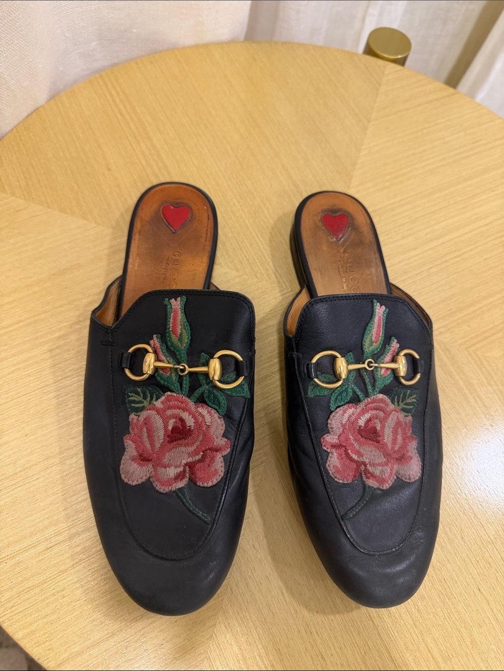 Gucci Black Leather Slip-On Mules with Pink Rose Embroidery and Gold Horsebit